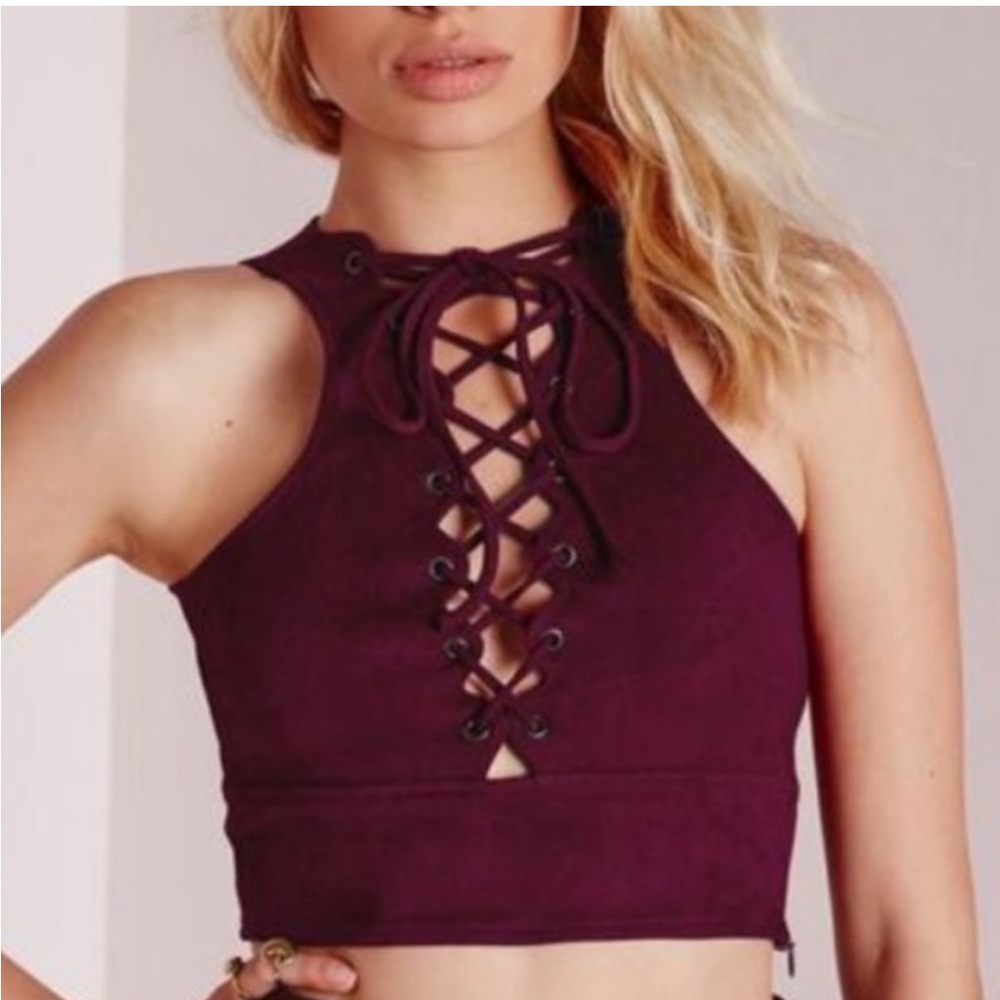 Missguided Burgundy Lace-Up Crop Top